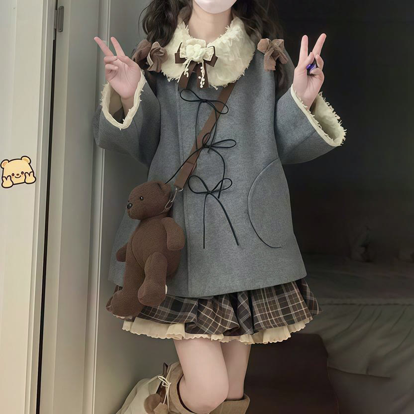 Preppy Fur Collar Jacket and Skirt Two Pieces Set - image 4