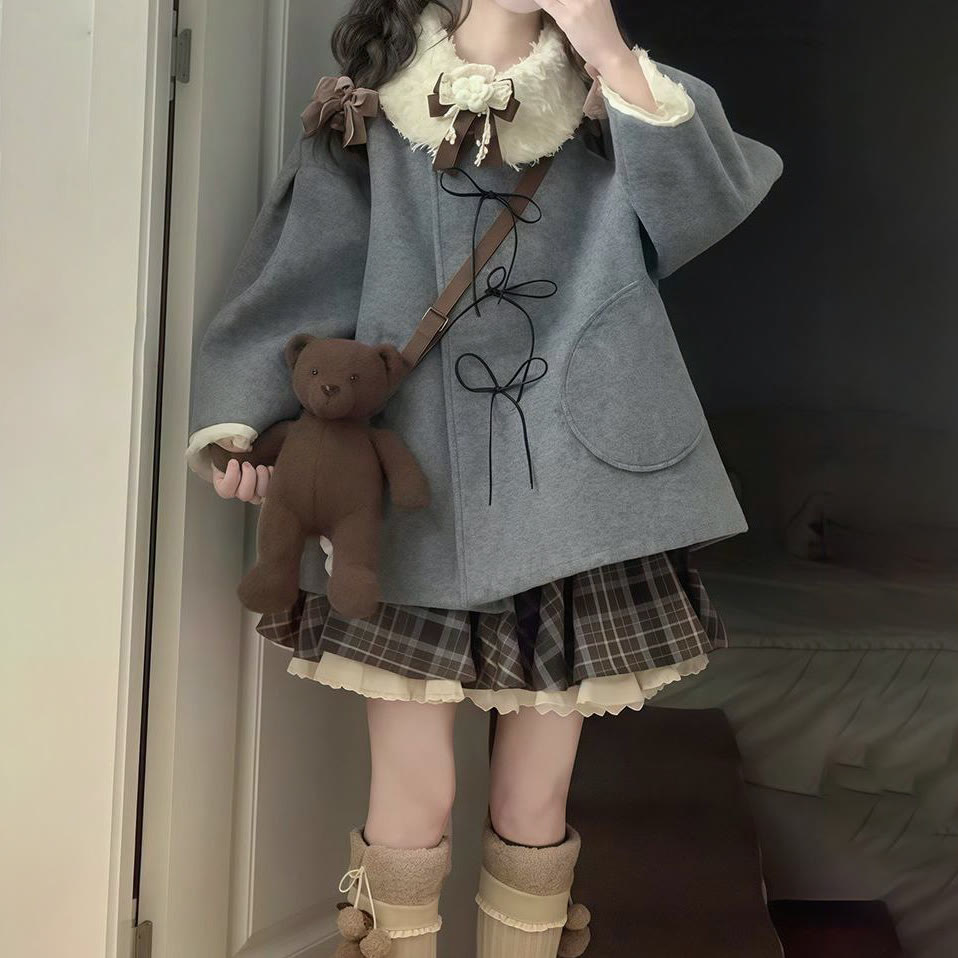 Preppy Fur Collar Jacket and Skirt Two Pieces Set - image 3