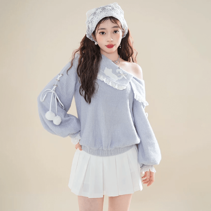 One-Shoulder Ruffle Sweater and Pleated Skirt Two Pieces Set - image 5