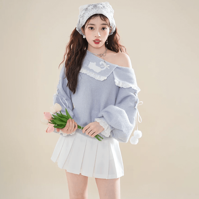 One-Shoulder Ruffle Sweater and Pleated Skirt Two Pieces Set - image 4