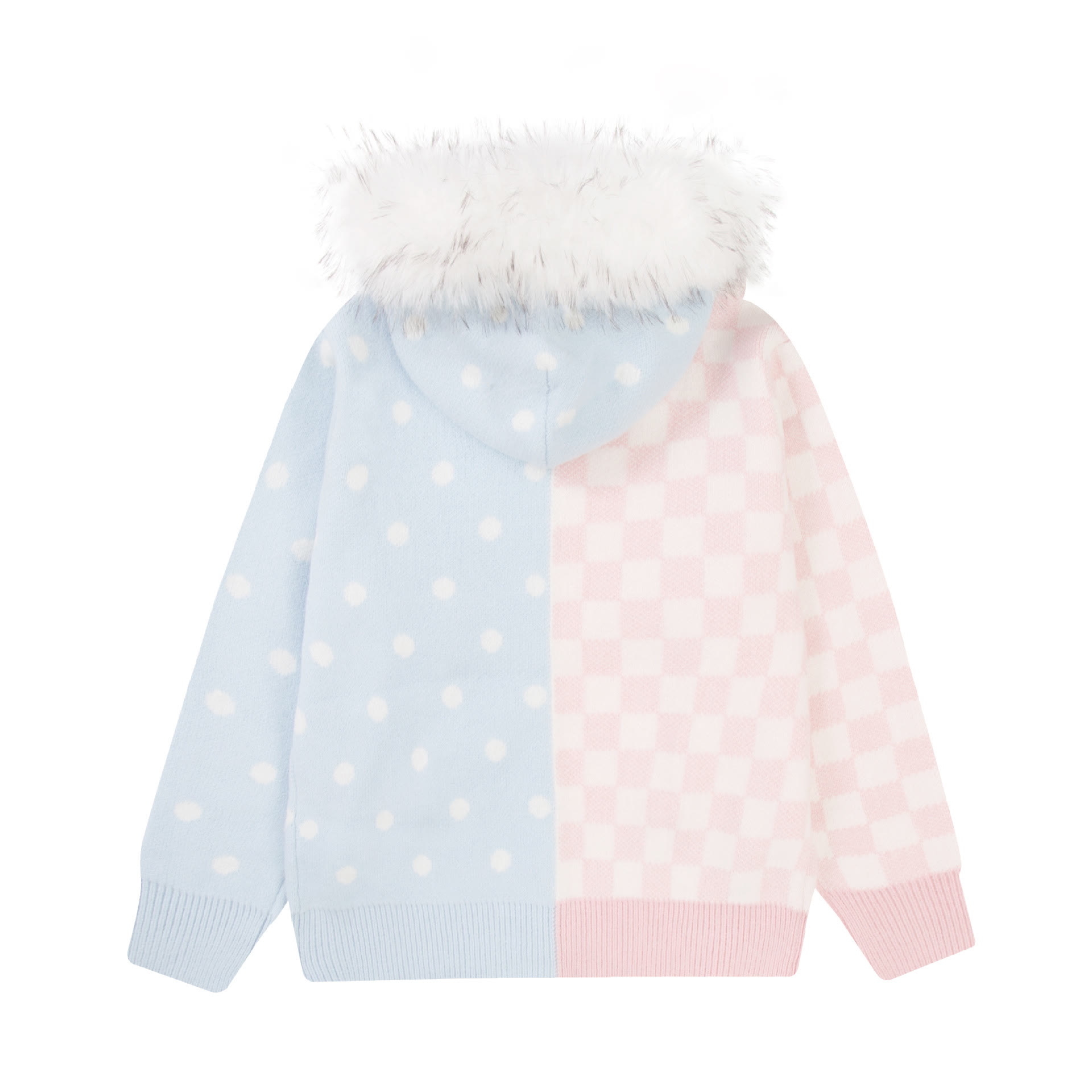 Polka Dot Faux Fur Collar Hooded Knit Sweater - image 4