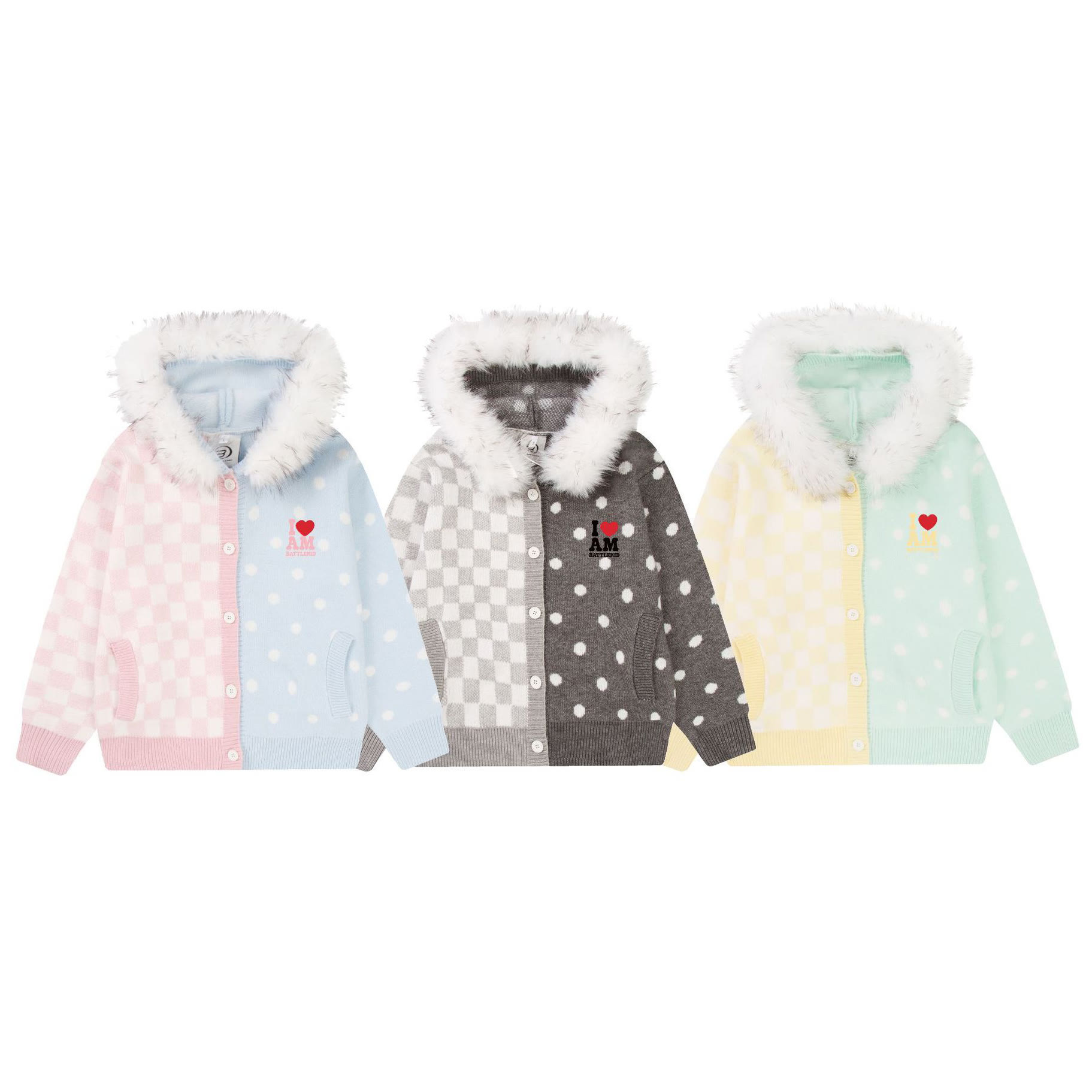 Polka Dot Faux Fur Collar Hooded Knit Sweater - image 2