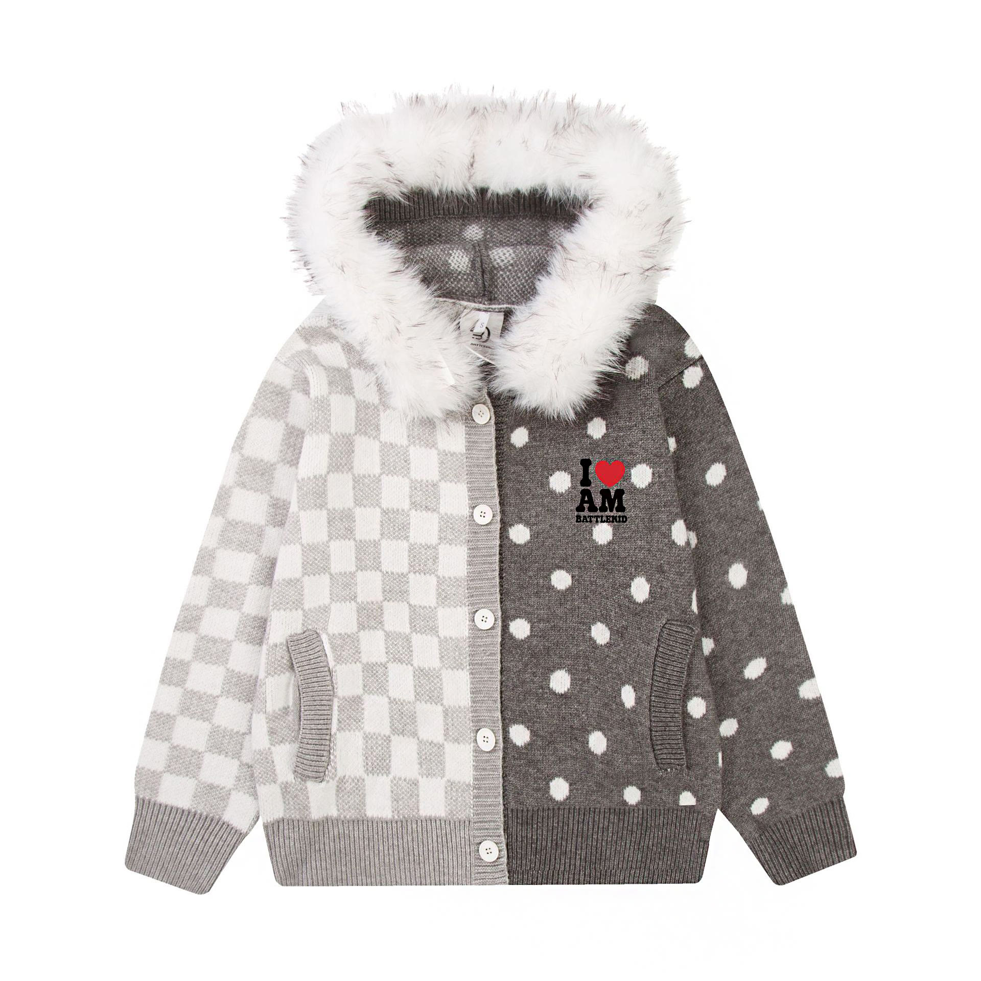 Polka Dot Faux Fur Collar Hooded Knit Sweater - Grey - L - image 5