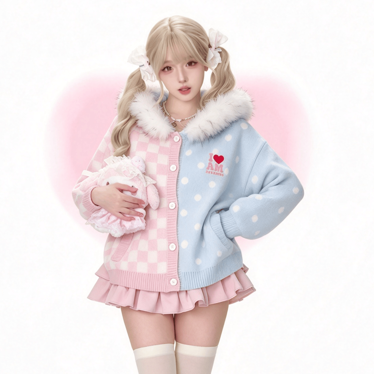 Polka Dot Faux Fur Collar Hooded Knit Sweater - image 1