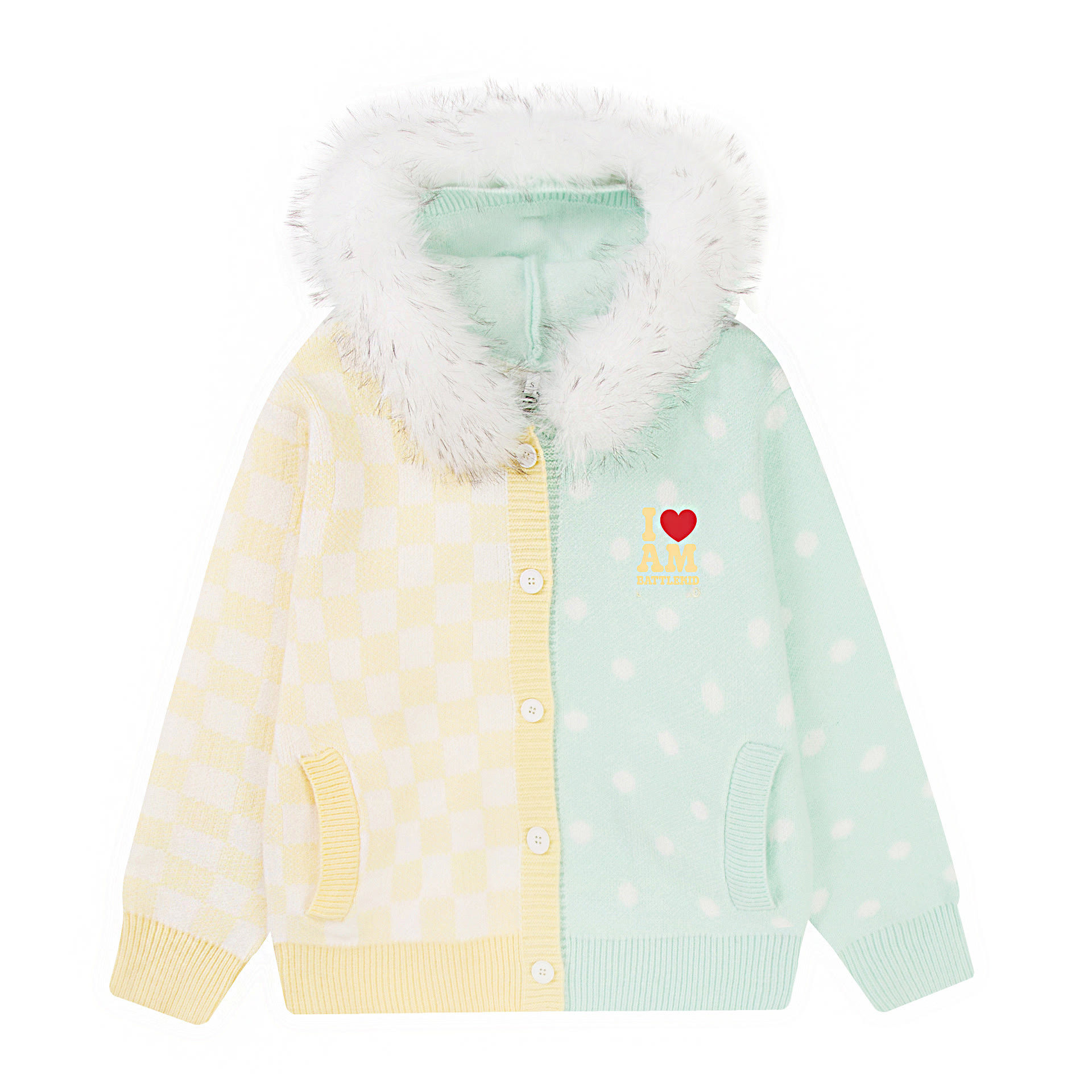 Polka Dot Faux Fur Collar Hooded Knit Sweater - Green - L - image 12