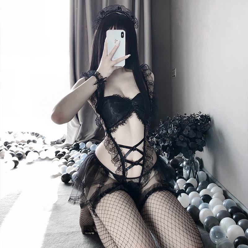 Sexy Sheer Mesh Lingerie - Black Lingeire+ Black FIshnet Stockings - One Size - image 4