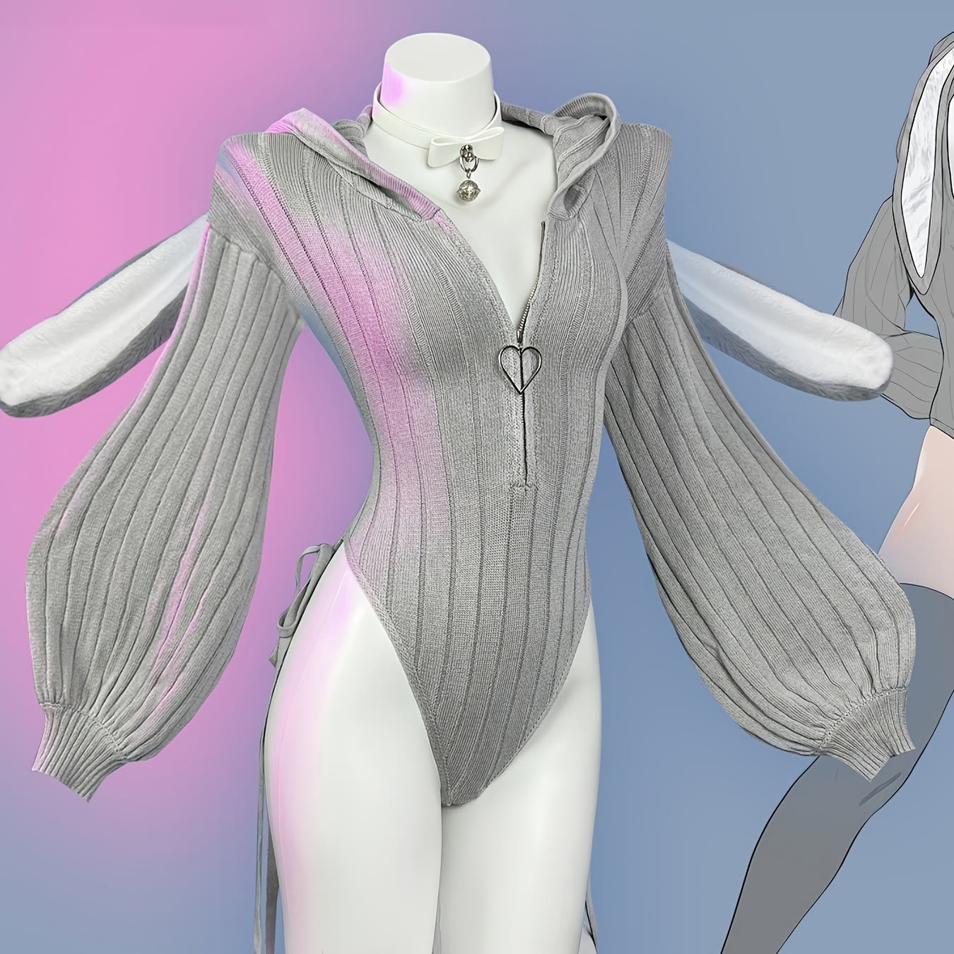Bunny Girl Zip-Up Bodysuit Lingerie - Grey - L - image 1