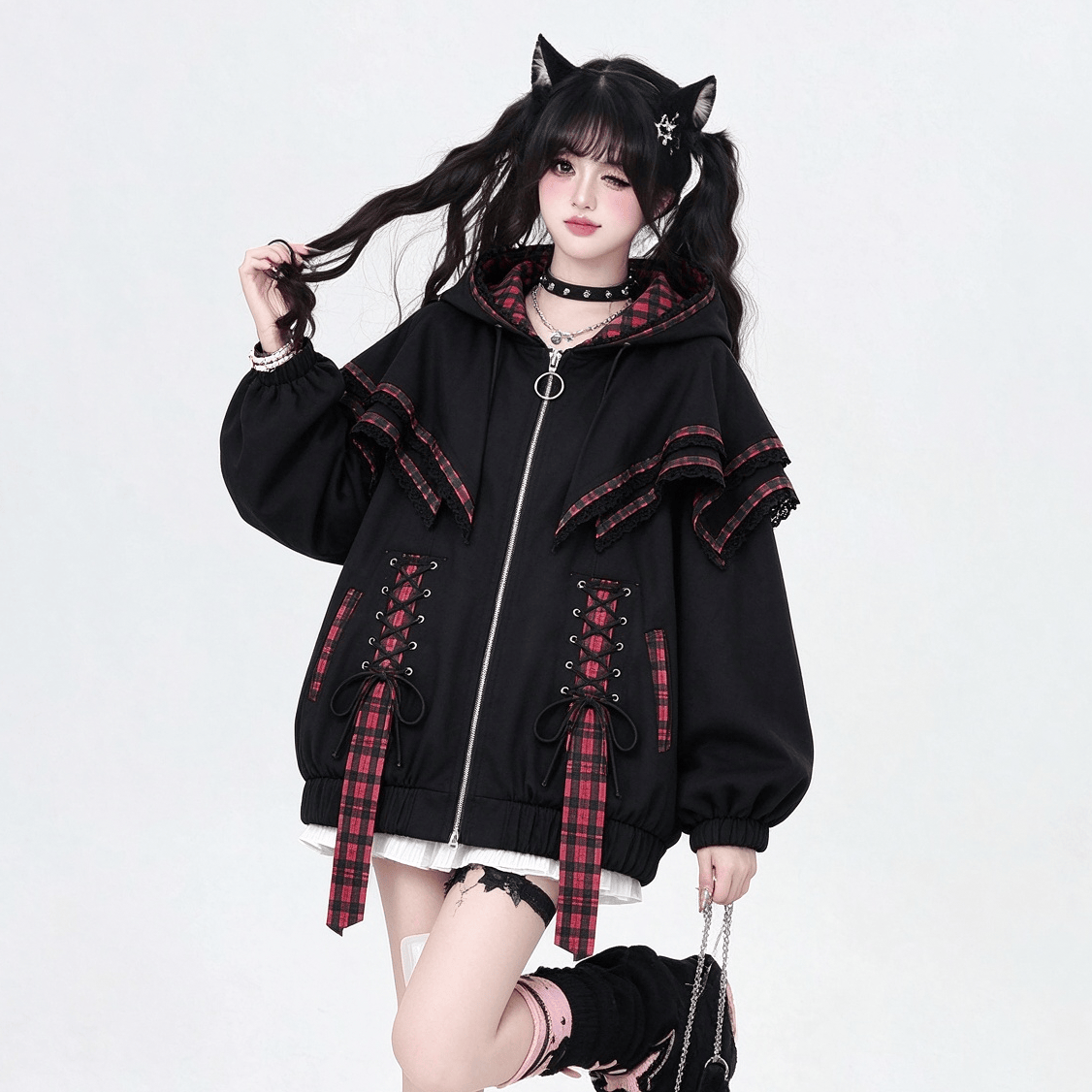 Y2K Dark Plaid Hooded Jacket - Black - XL - image 1