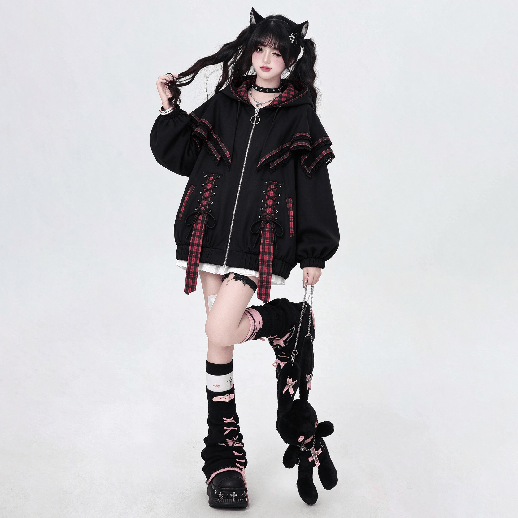 Y2K Dark Plaid Hooded Jacket - image 2