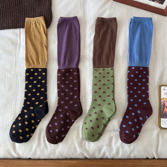Vintage Polka Dot Color Block Calf Socks - Yellow+Purple+Brown+Blue - One Size - image 2
