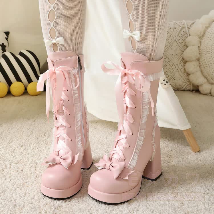 Chic Ruffle Bow Platform Lolita Boots - Pink - 48(Custom) - image 1