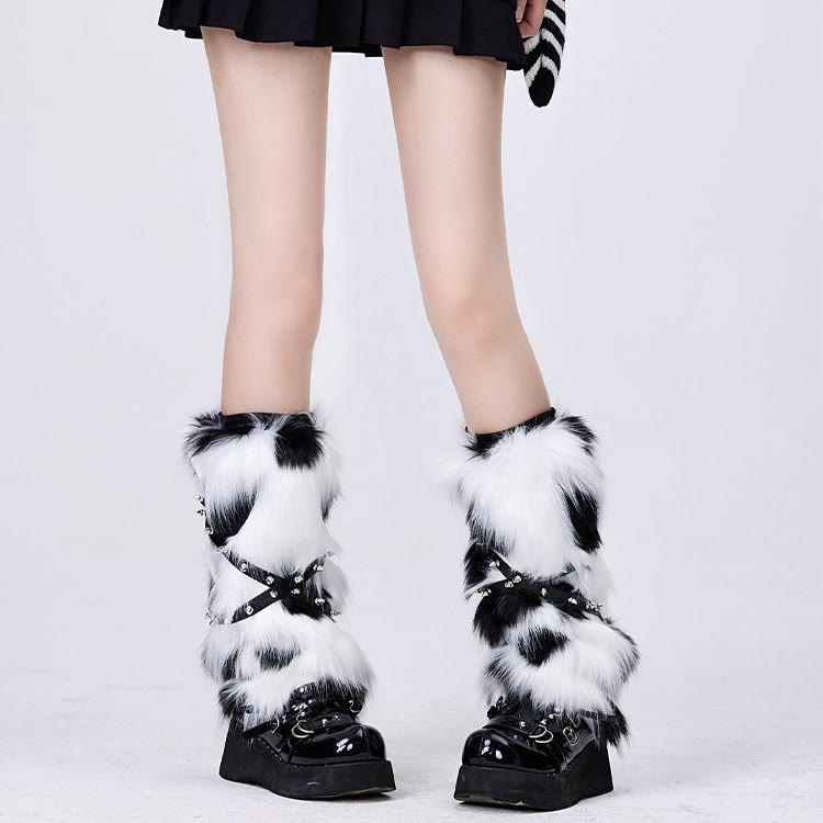 Y2K Studded Strappy Furry Leg Warmers - image 2
