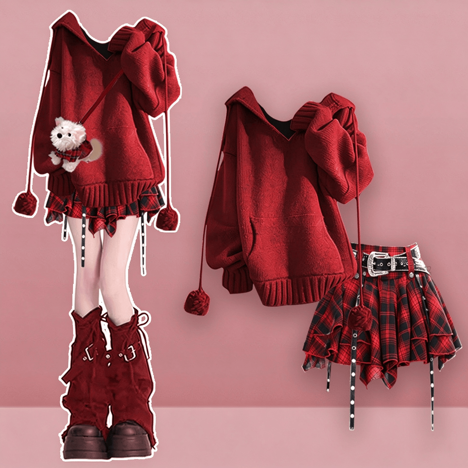 Christmas Hooded Knit Sweater and Plaid Skirt Two Pieces Set - image 1