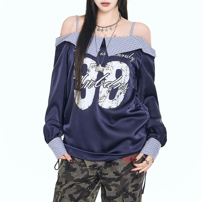 Chic Vintage Printed Off-Shoulder Top - Navy Blue - XL - image 1