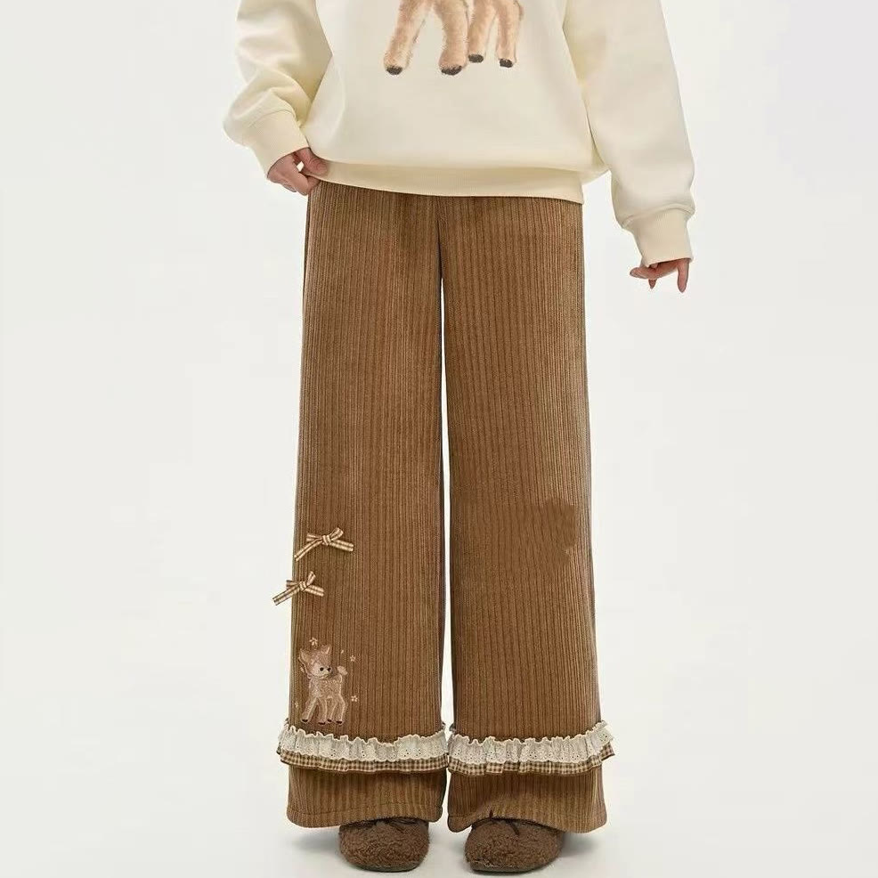 Sweet Lace Trim Fleece-Lined Casual Pants - Brown - 3XL - image 2