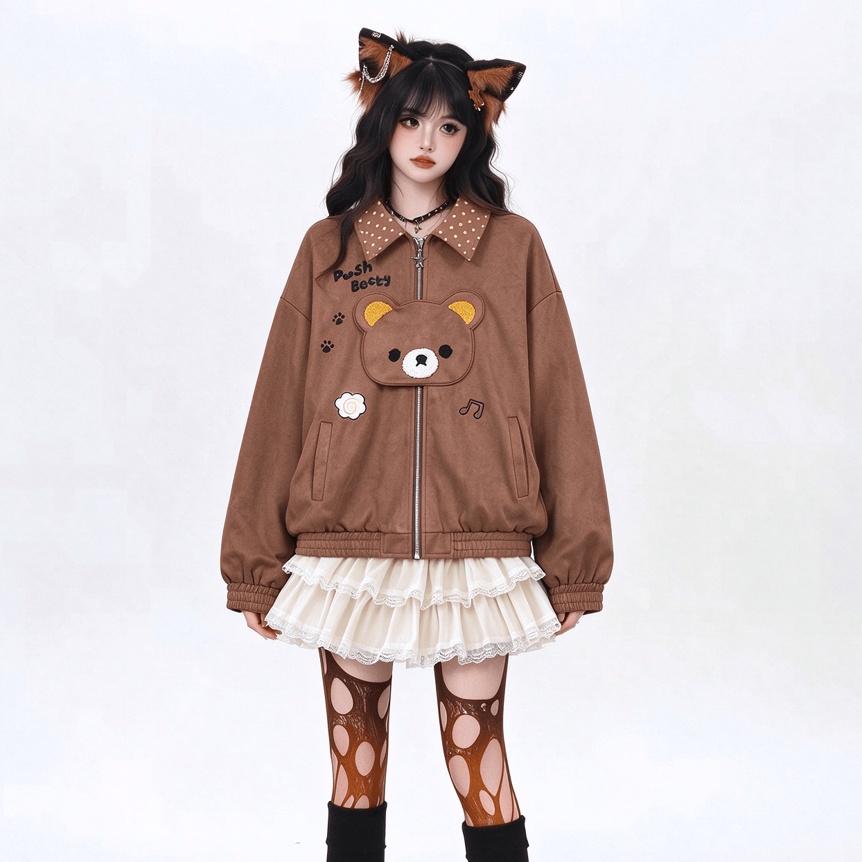 Polka Dot Teddy Bear Jacket and Lace Skirt Two Pieces Set - image 2