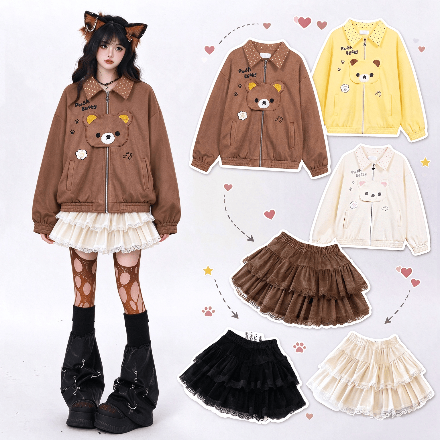 Polka Dot Teddy Bear Jacket and Lace Skirt Two Pieces Set - image 1