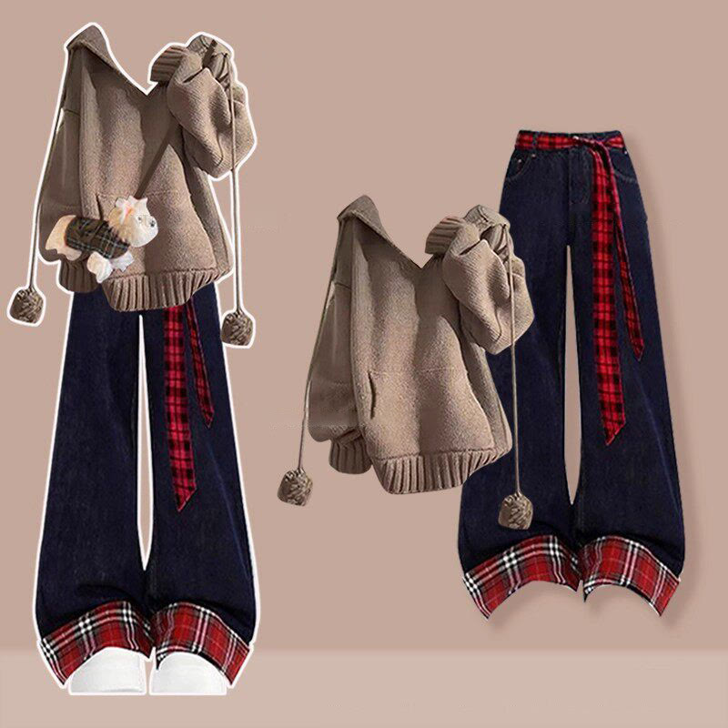 Preppy Knit Sweater and Jeans Two Pieces Set - Coffee Top+Pants - 4XL - image 4