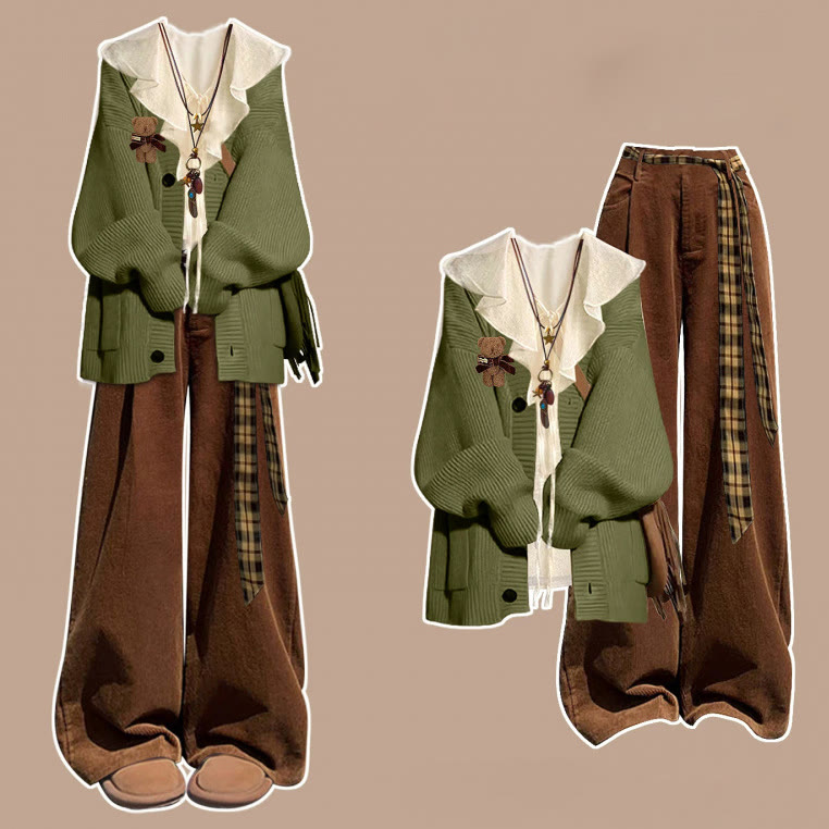 Maillard Knit Sweater and Shirt and Wide-Leg Pants Three Pieces Set - Sweater+Shirt+Pants - XL - image 1