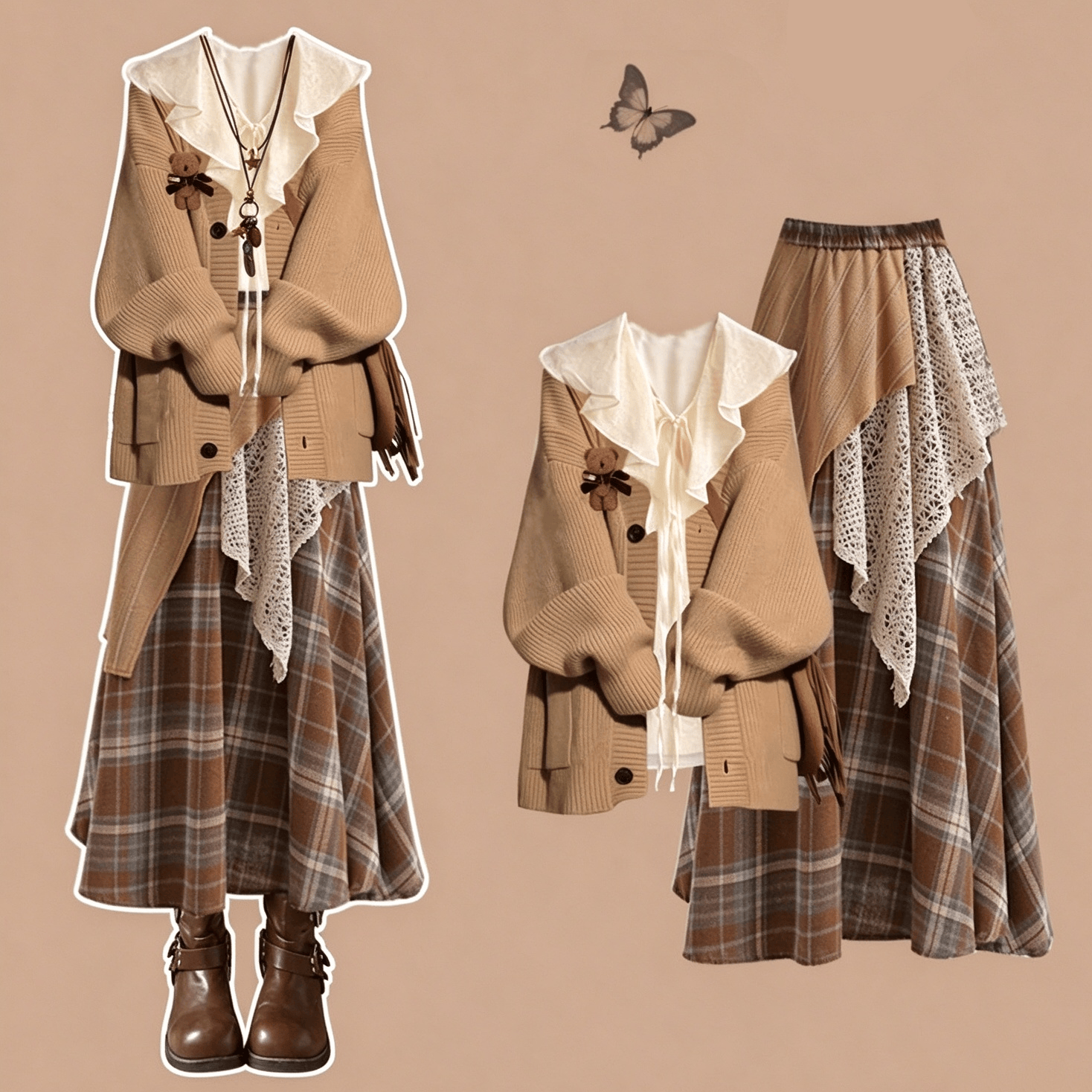 Maillard Sweater and Shirt and Plaid Skirt Three Pieces Set - Sweater+Shirt+Skirt - XL - image 1