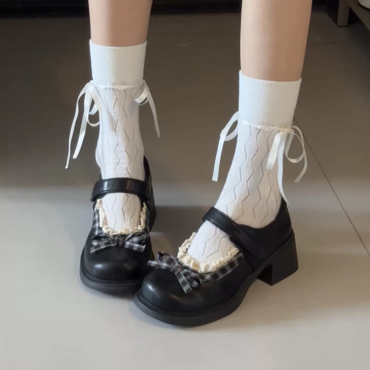 Ruffle Chunky Heel Mary Jane Shoes - Black - 40 - image 2