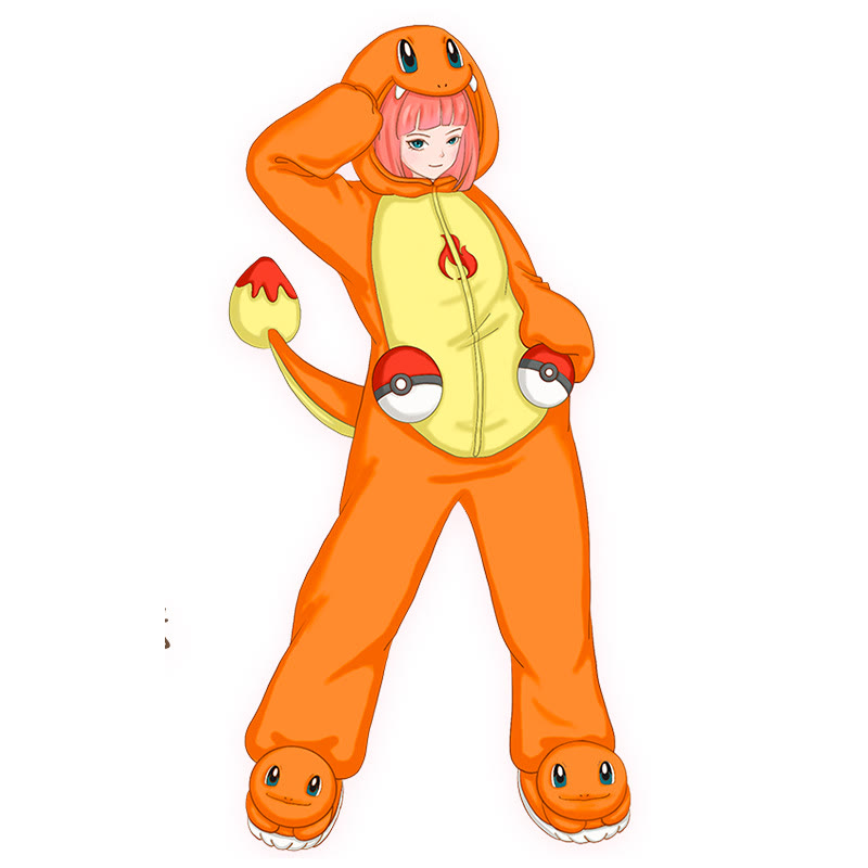 Pokémon Cartoon Plush Onesie Pajama Set - Charmander Onesie and Cotton-Feel Slippers - 6XL - image 3