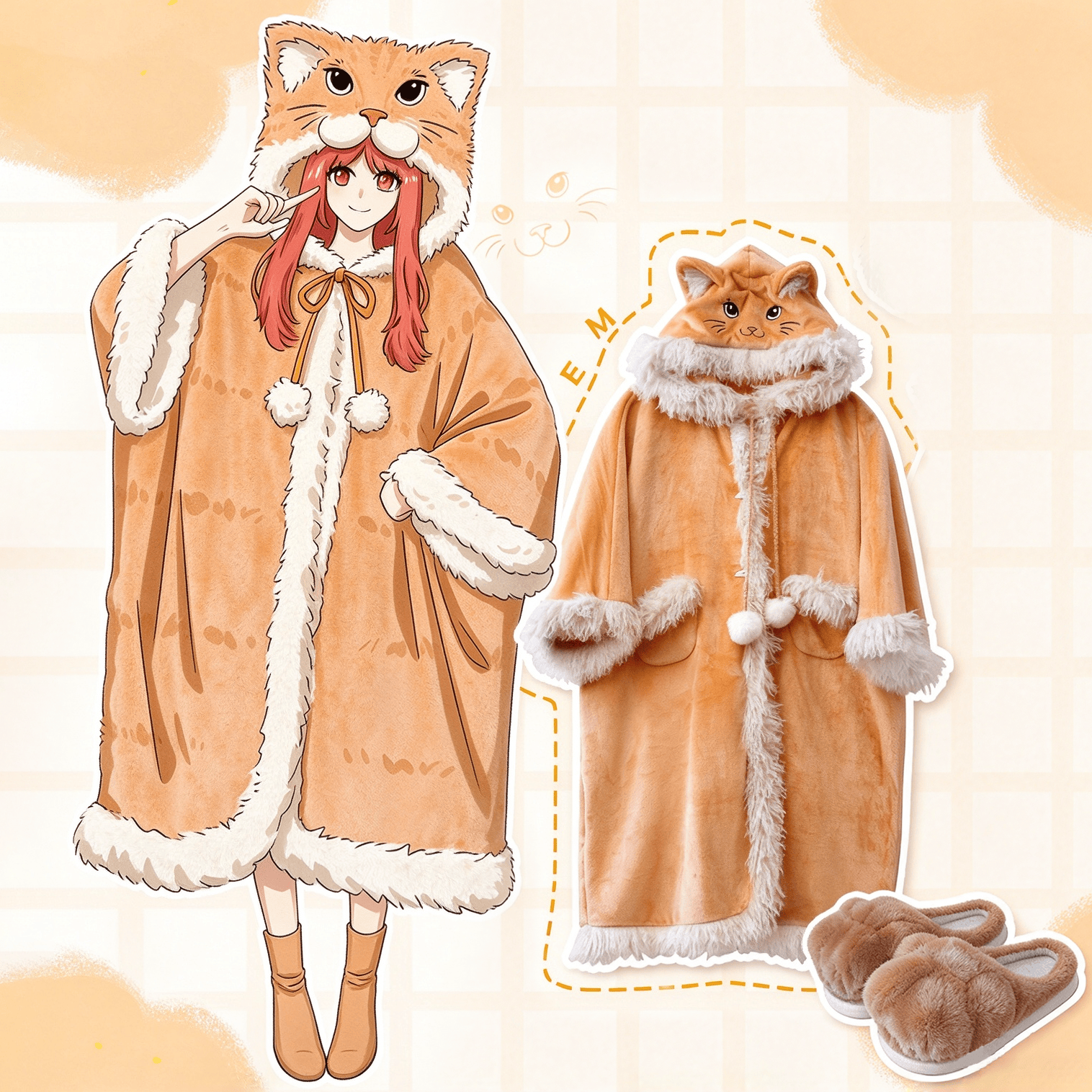 Cute Cartoon Cat Pajama Robe - Robe+Slipper - XL - image 1