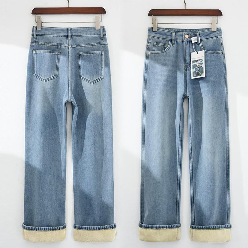 Chic Fleece-Lined Straight Leg Jeans - Blue - 4XL - image 2