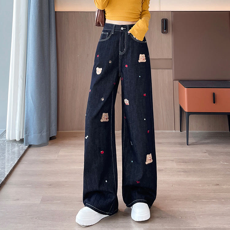Chic Cartoon Embroidered Wide-Leg Jeans - Blue - 4XL - image 2