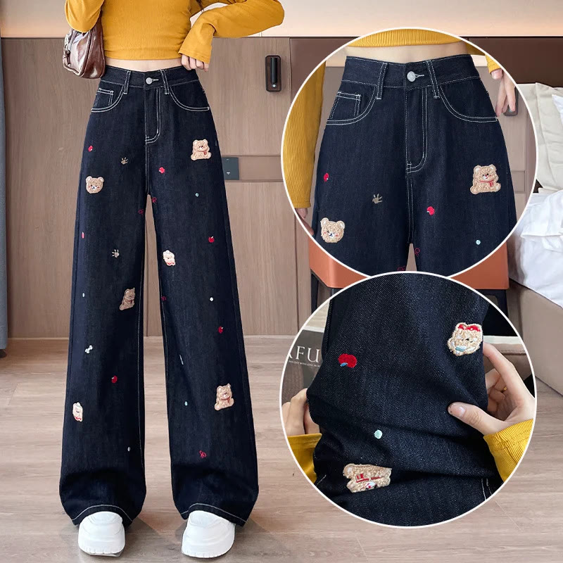 Chic Cartoon Embroidered Wide-Leg Jeans - image 1