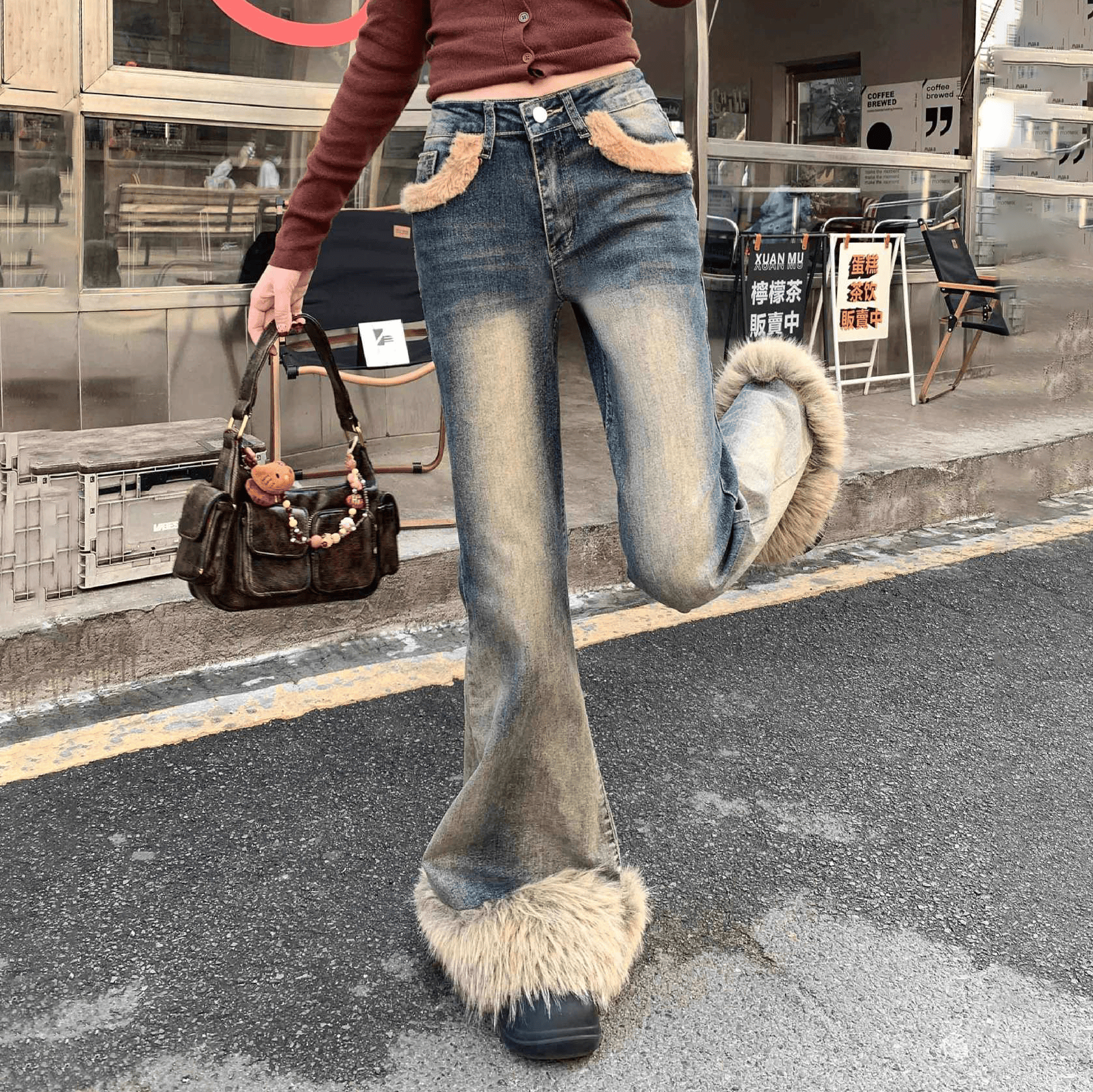 Vintage Faux Fur Trim Flared Jeans - image 2