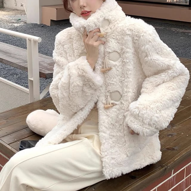 Chic Sherpa Cropped Duffle Coat - Beige - XL - image 1