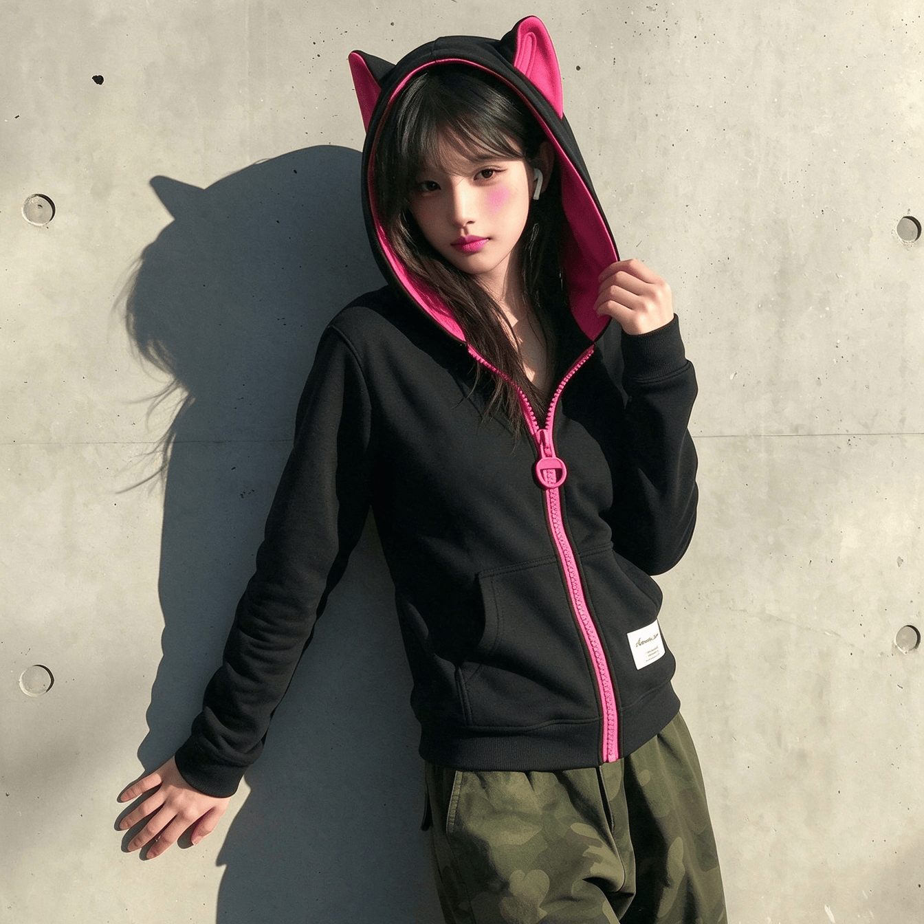 Y2K Colorblock Cat Ear Zip-Up Hoodie - Black Fleece-Lined - 2XL - image 2