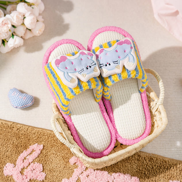 Cute Cat Cotton-Linen Slippers - Blue and Yellow - 40/41 - image 4