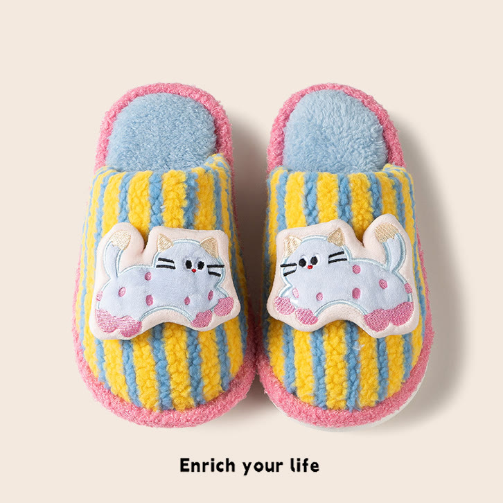 Cute Dopamine Cat Plush Slippers - Blue and Yellow - 44/45 - image 1