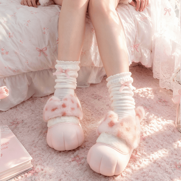 Cute Leopard Print Cat Paw Plush Slippers - image 2