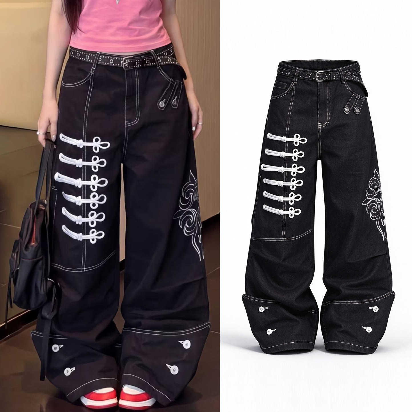 Chic Button-Front Printed Jeans - Black - 3XL - image 1