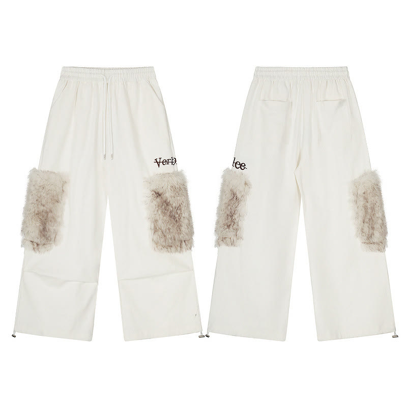White Fleece-Trimmed Casual Pants with Pockets - image 3