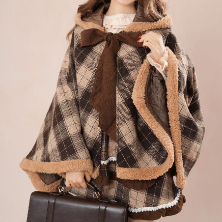 Plaid Dress and Hooded Cape and Lace-Trimmed Top Three Pieces Set - image 4