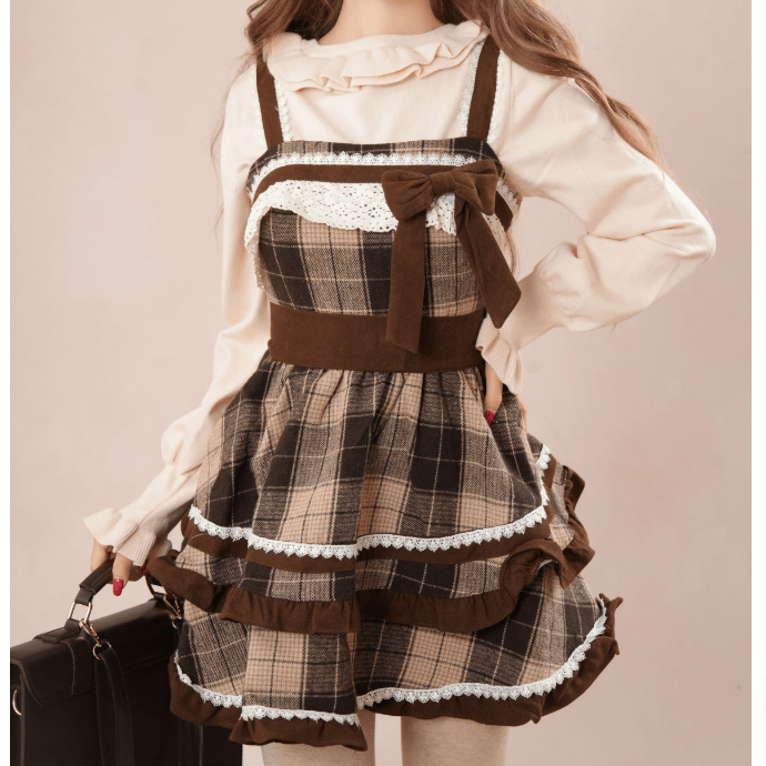 Plaid Dress and Hooded Cape and Lace-Trimmed Top Three Pieces Set - image 8