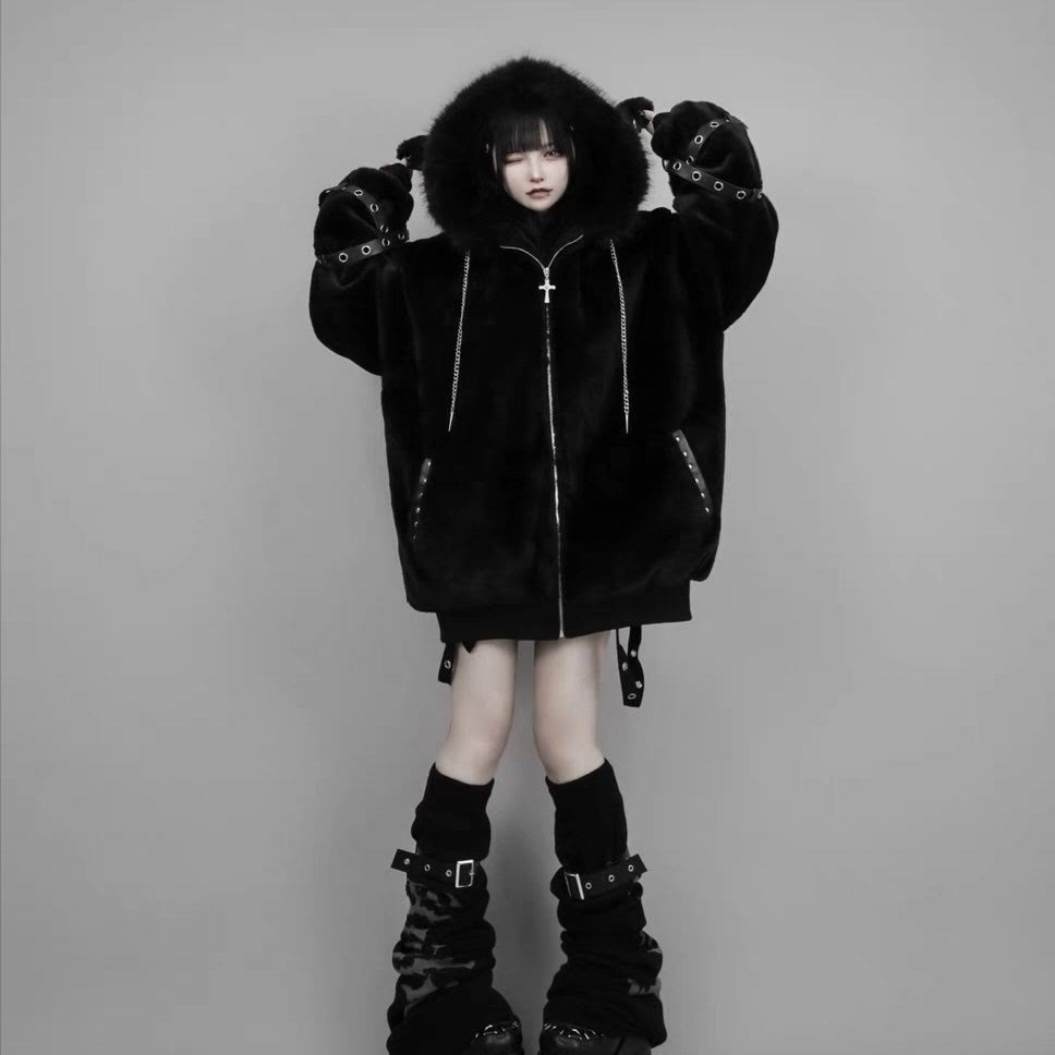 Dark Aesthetic Plush Zip-Up Hoodie Jacket - Black - L - image 2