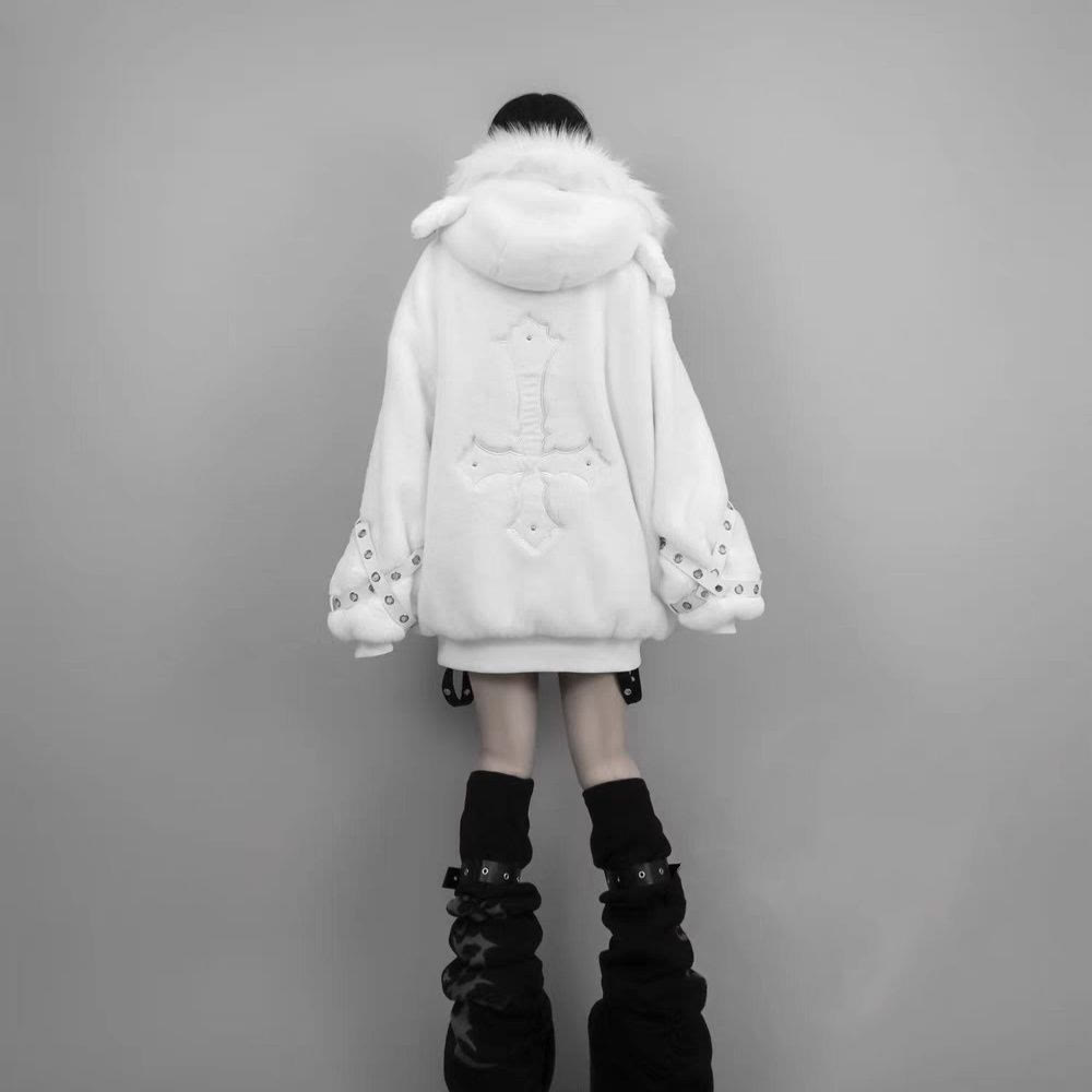 Dark Aesthetic Plush Zip-Up Hoodie Jacket - image 9