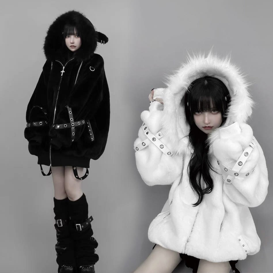 Dark Aesthetic Plush Zip-Up Hoodie Jacket - image 1