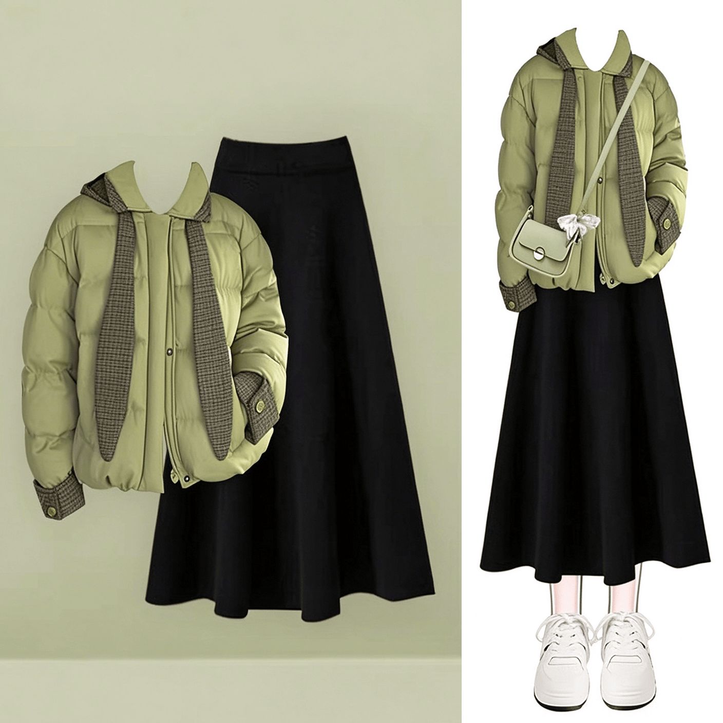 Chic Green Puffer Jacket and Skirt Two-Piece Set - Set - 4XL - image 1