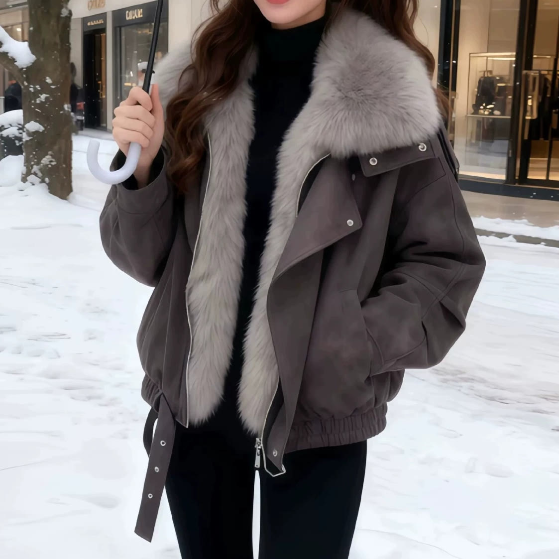 Fashionable Faux Fur Collar Puffer Jacket - image 2