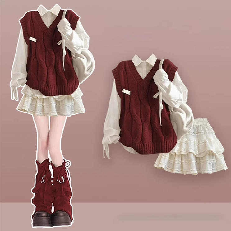 Preppy Lace-Up Shirt and Vest and Mini Skirt Three Pieces Set - Shirt+Vest+Apricot Skirt - XL - image 1