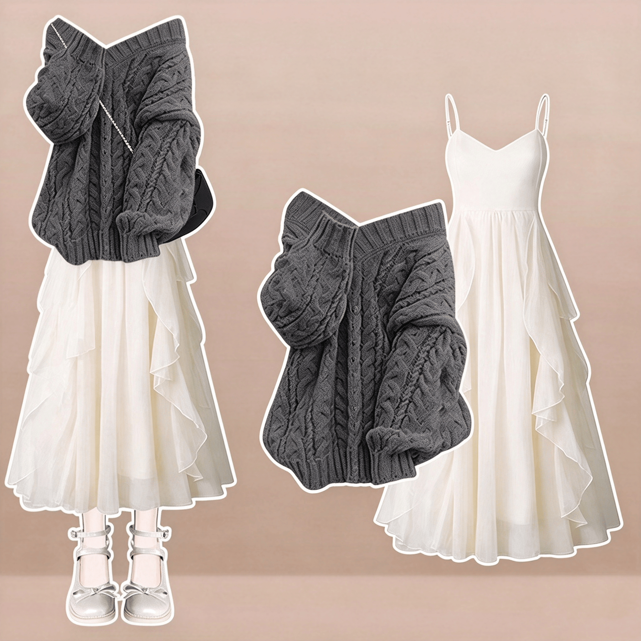 Sweet Knit Sweater and Slip Dress Two Pieces Set - Grey Set - 4XL - image 3