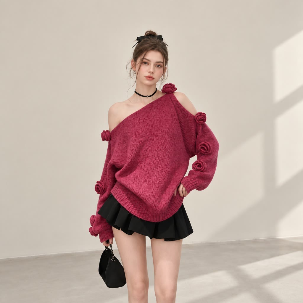 3D Flower Off Shoulder Knit Top - image 2