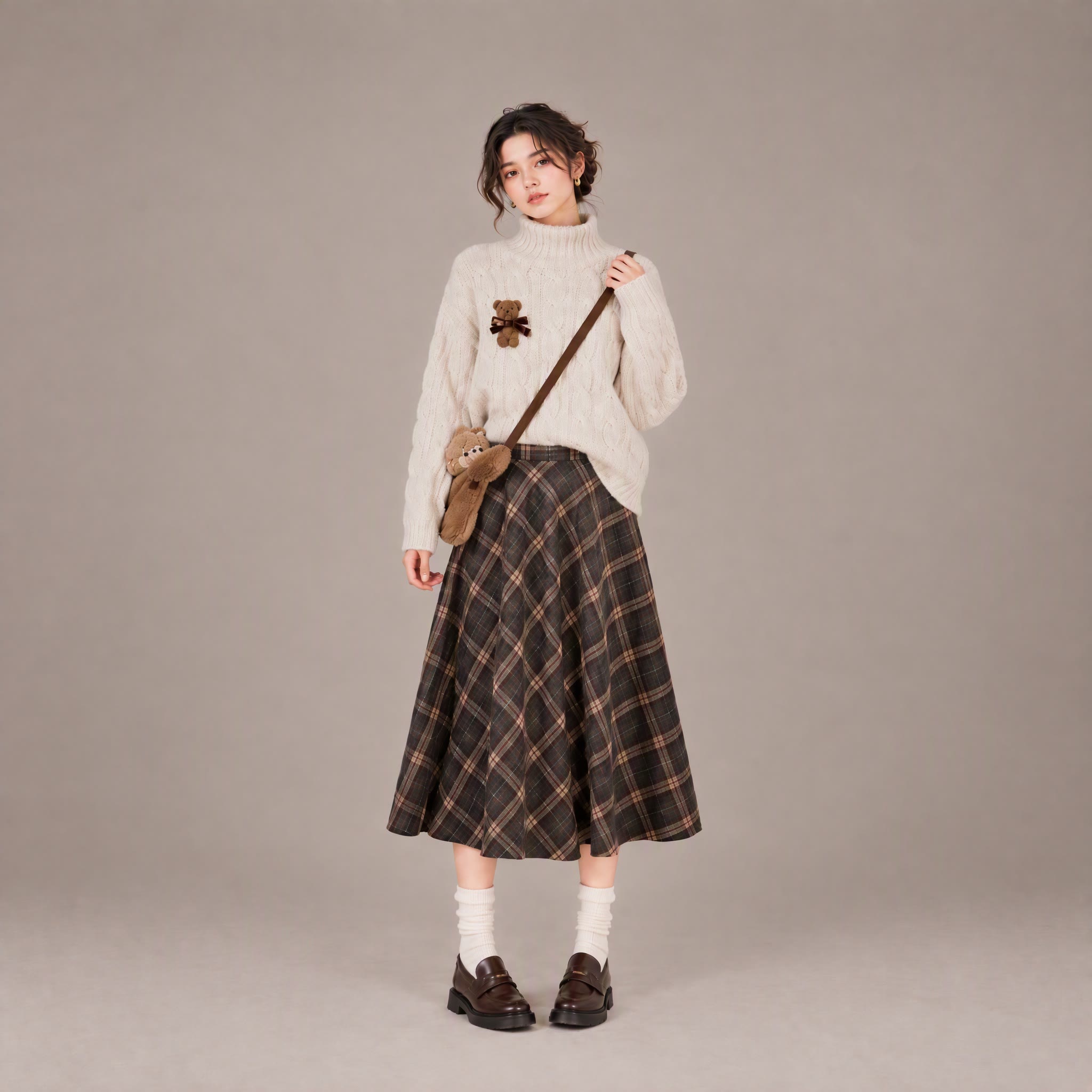 Maillard Knit Sweater and Plaid Skirt Two Pieces Set - image 2