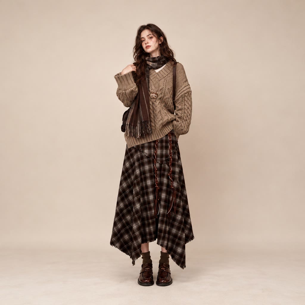 Knit Sweater and Plaid Skirt Two Pieces Set - image 2
